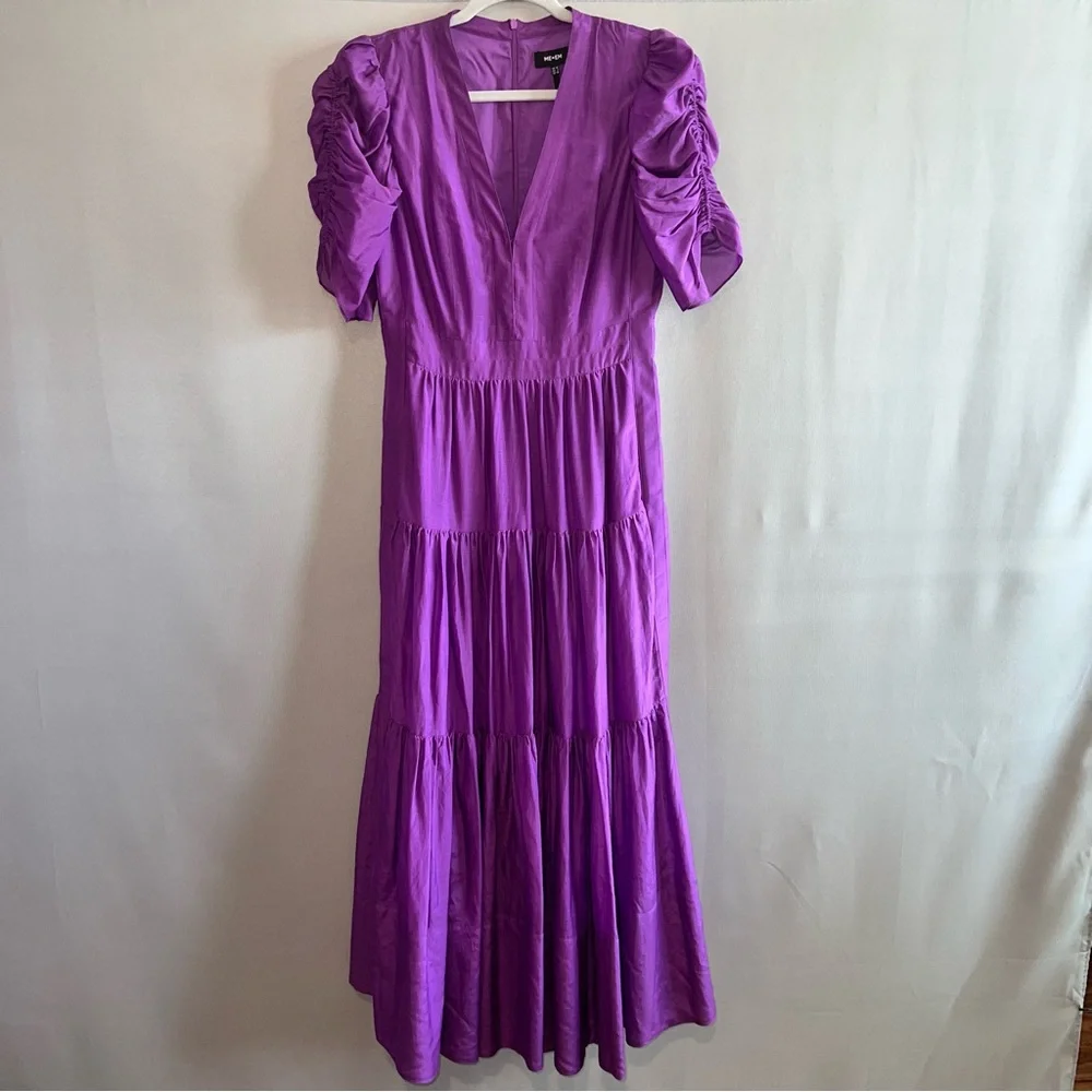 ME+EM Purple Cotton Silk Tiered Maxi Dress Ruched Puff Shoulder - Size 6 - Picture 2 of 8